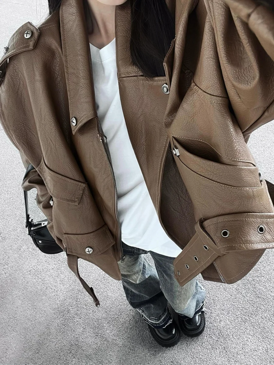 ブラウンカラーPUレザージャケット レディース ルーズ ショートスリーブ 春秋 2024 新作 ファッション ワークウェアコート PmORhブランド