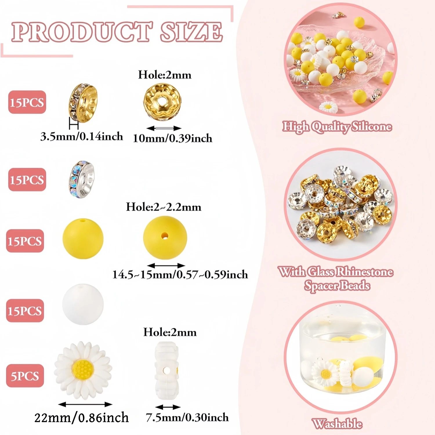 65pcs/set Daisy Flower Beads 15mm Silicone Focus Beads For Keychain Making,Round Silicone Loose Beads Loose With Rhinestone Spacer Beads For Jewelry