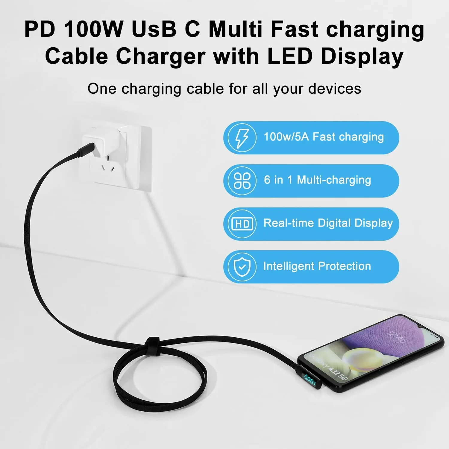 TUTi-Charging Cable for Esports, Gaming Design, Smart Display, E-Marker Chip, 480Mbps Data Connectors for Phone, Tablets, 100W