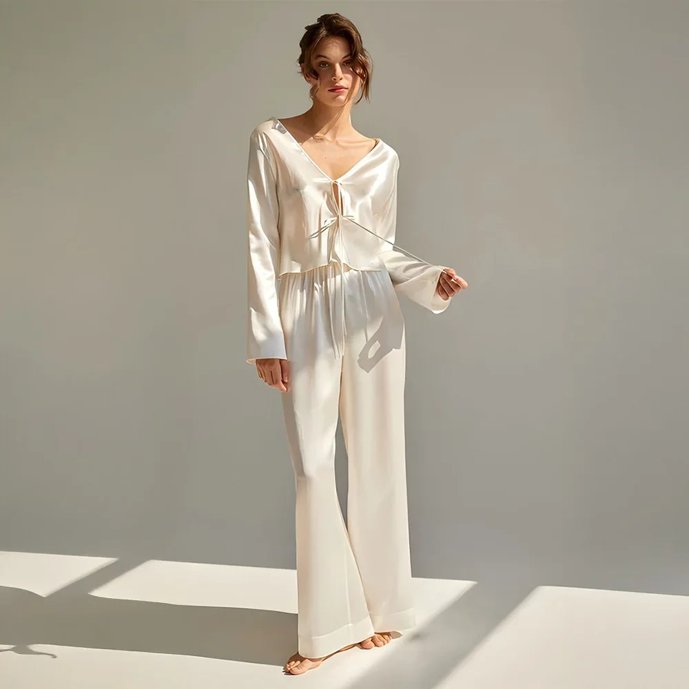 Simulated Silk Long Sleeved Long Pants Pajama Set Women's New Autumn Lace Up Pajamas Soft Comfortable Home Suit Set