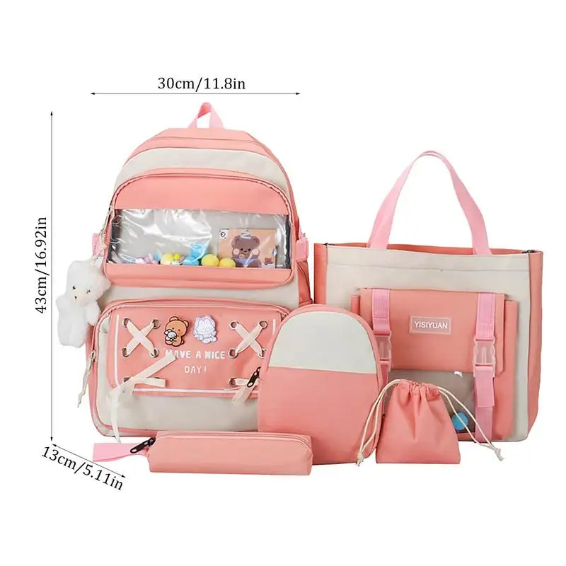 Aesthetic Backpack Set Included Pins And Plush Pendants Aesthetic Waterproof School Bag Set 5 Piece Backpack For School