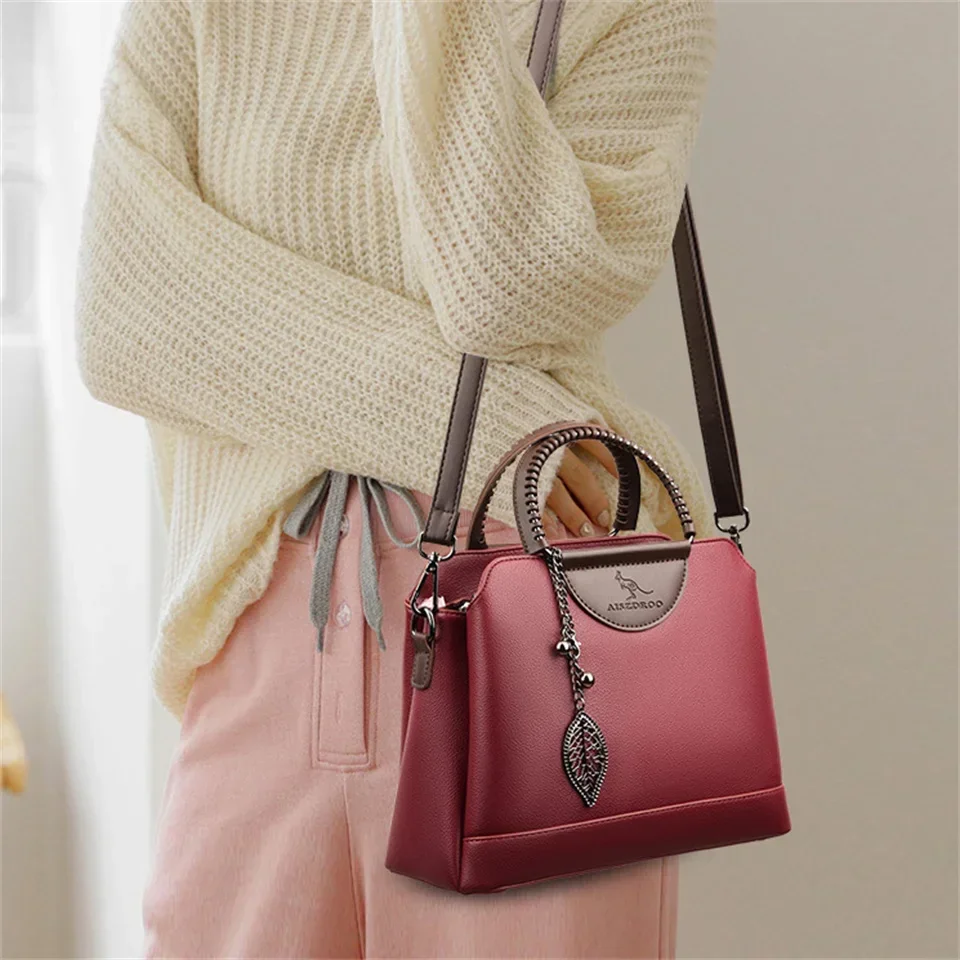 Elegant Two-Tone Leather Handbag for Women Top Handle Adjustable Shoulder Strap Luxury Fashion Purse with Leaf Pendant