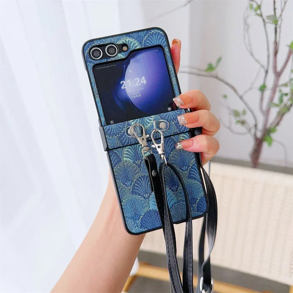 Tribal Pattern PU Leather Crossbody Lanyard Phone Case for Samsung Galaxy Z Flip 6 5 4 3 5G Hinge Protection Shockproof Cover