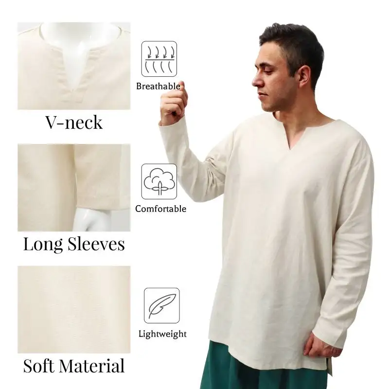 DAZCOS القرون الوسطى فايكنغ الكتان تونك الرجال طويلة الأكمام فايكنغ Undertunic بلون القرون الوسطى تونك ل LARP فايكنغ عصر النهضة