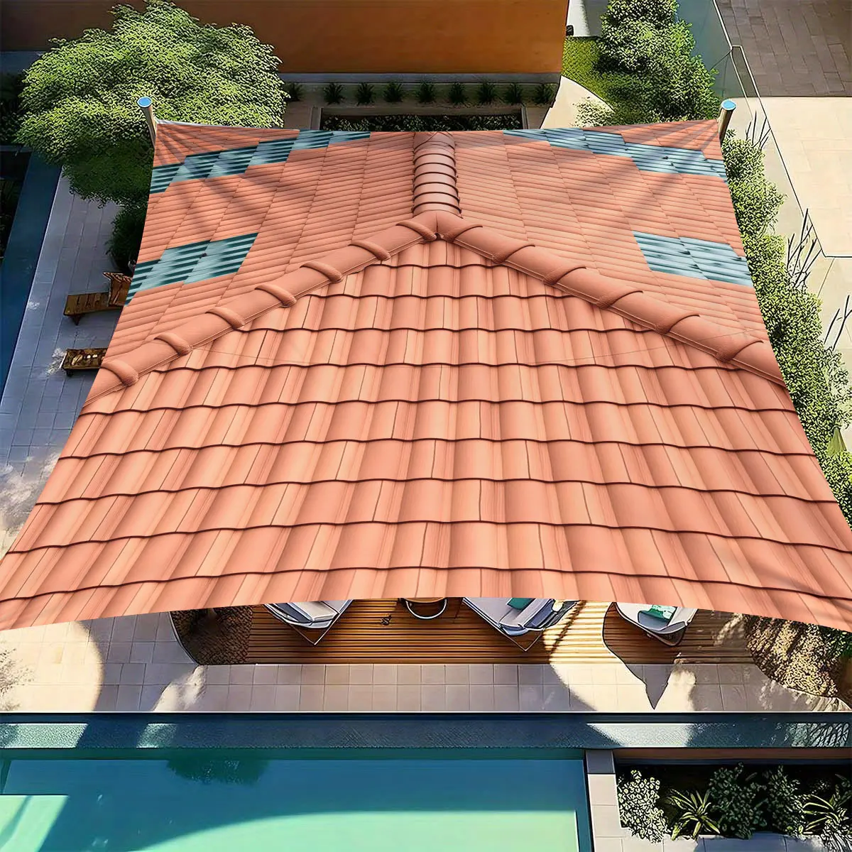 1 Piece Terracotta Tile and Teal Tile Pattern Outdoor Awning-Traditional roof tile design, UV resistant, easy to install, sui