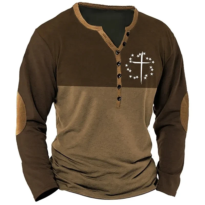 

Henley Printed Shirt, With Colorful Stripes, Retro Fashionable Men's Streetwear, Button-up Long-sleeved T-shirt, Men's T-shirt