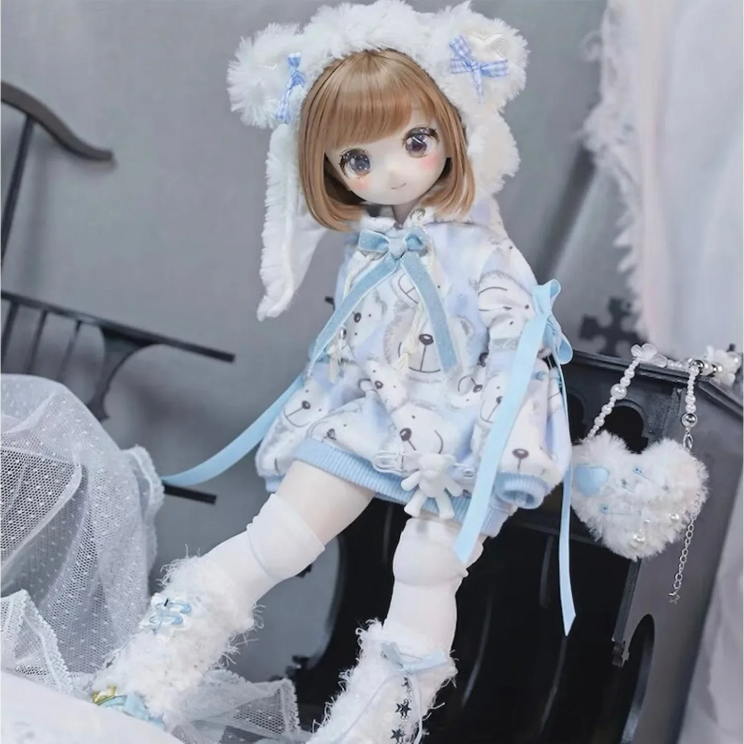 1/4 1/5 1/6 Msd Mdd BJD Doll White Blue Suit, Fashion Girl Casual Bear Print Clothing, sweatshirt+socks+leg cover+bag+hat