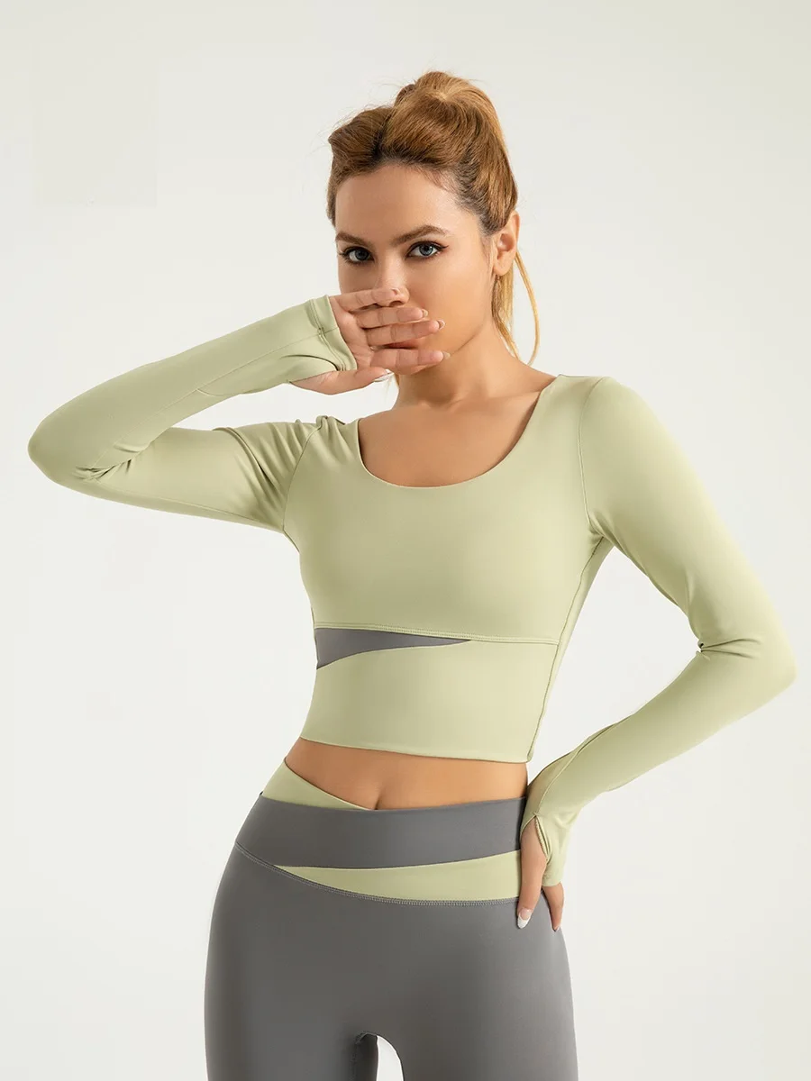 PINGNIAO Yoga Color Blocking Long Sleeved  Gym Sports Fitness Elastic Breathable Women Quick Drying Running Bodybuilding Clothin