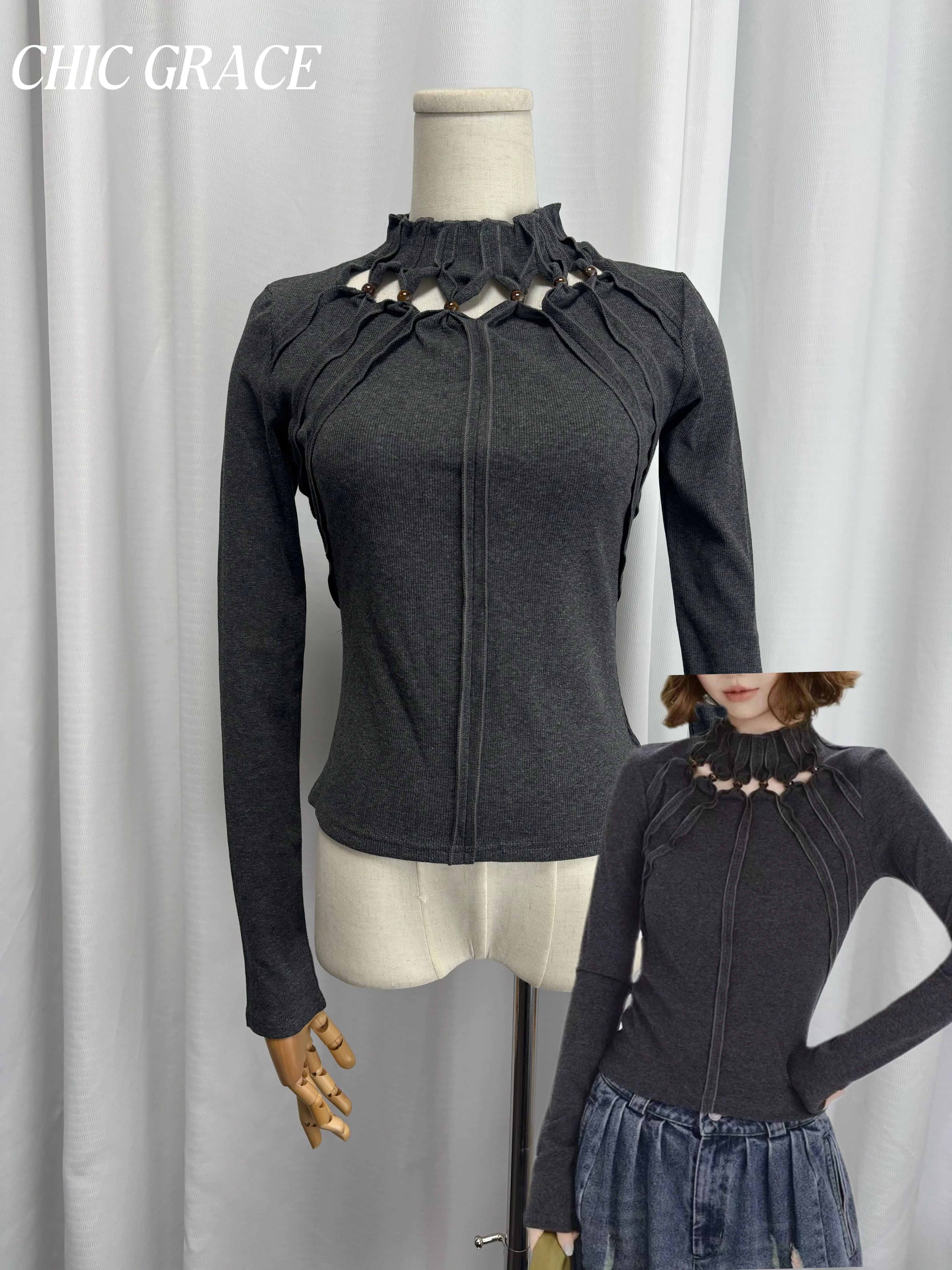 

Реальный снимок, осень 2023, новая американская ретро футболка Y2K с длинными рукавами, женская облегающая футболка с дизайном, модный топ