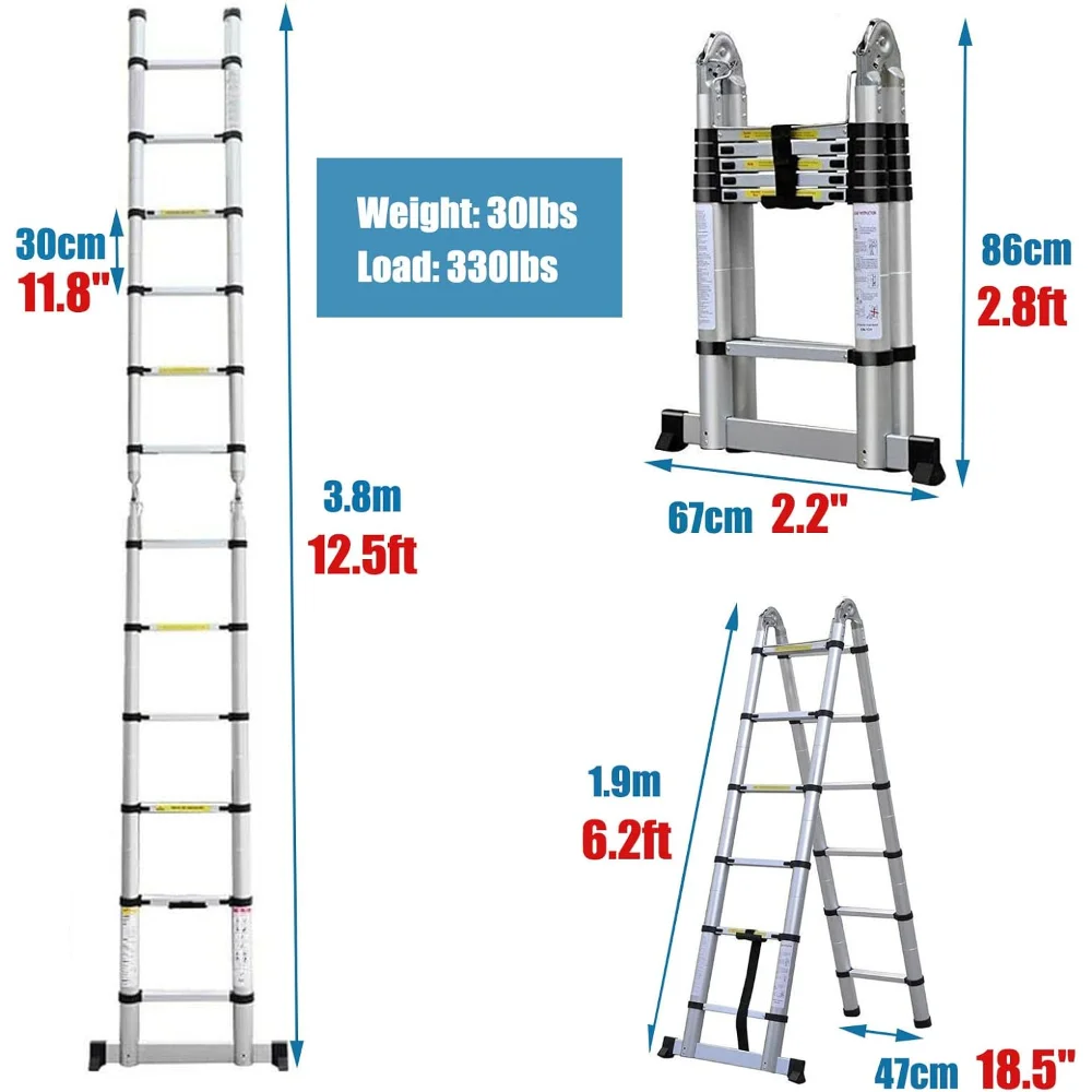A-Frame Telescoping Ladder 12.5ft 6 + 6 Steps Adjustable Height with Support Bar Anti-Slip Feet, 330lbs Max Load, Folded Height