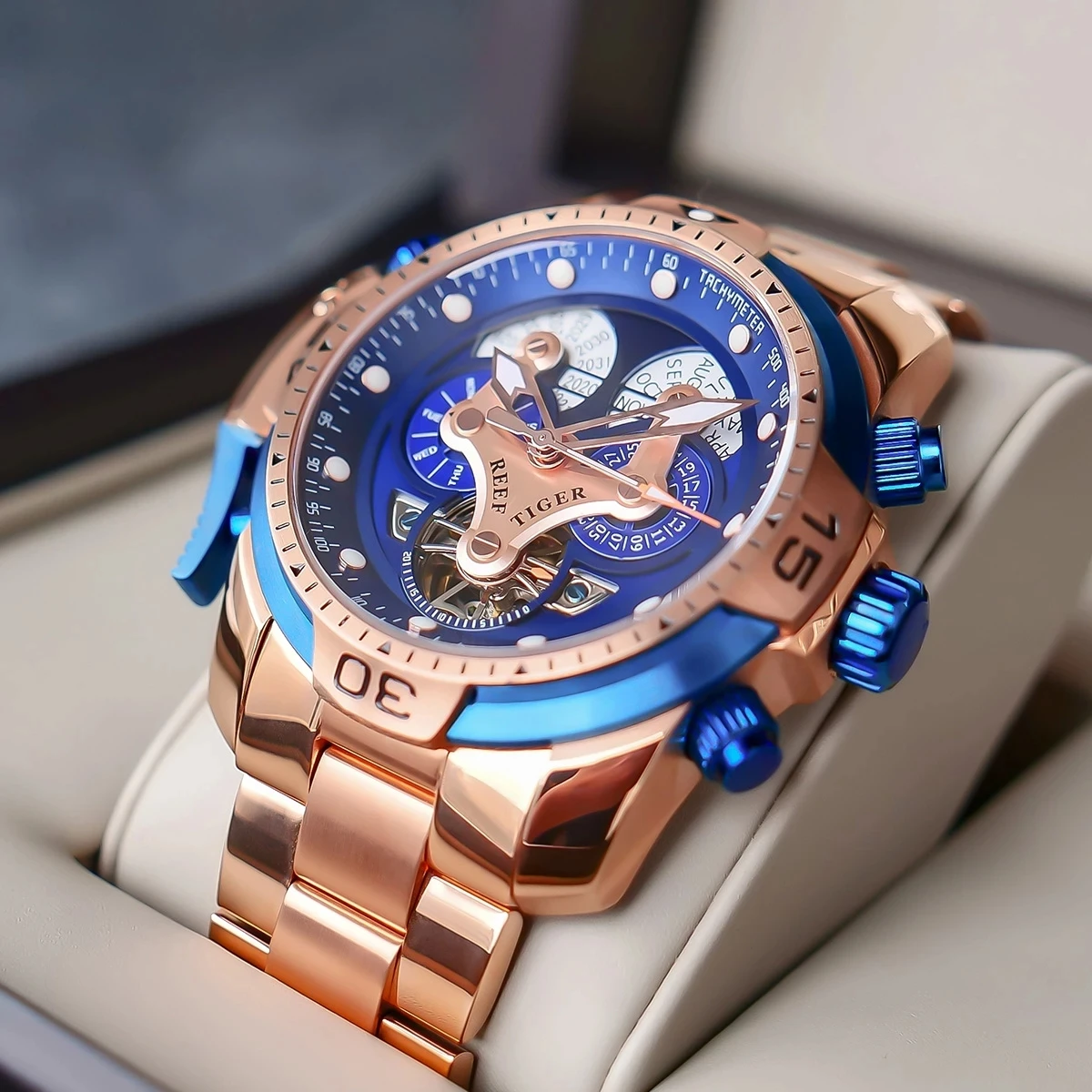 Reef Tiger/RT Brand Men Sports Watch Sapphire Glass Waterproof Automatic Watch Rose Gold Calendar Multifunction Mechanical Watch