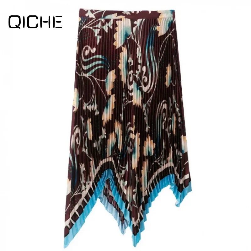 QICHE European American Women Trendy Printed Midi Pleated Skirt Social Media Popular Fashion Bottom