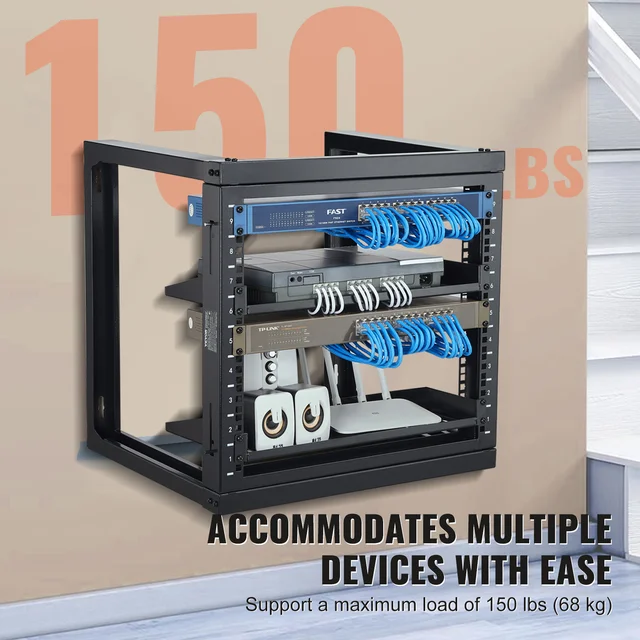 SucceBuy 9U Wall Mount Rack 150lbs Max Load Capacity Open Frame Server Network Rack with Cage Nuts Screw for Server IT Equipment 3 SucceBuy 9U Wall-Mount Open Frame Server Rack – 150 lb Capacity, with Cage Nuts and Screws – view 3