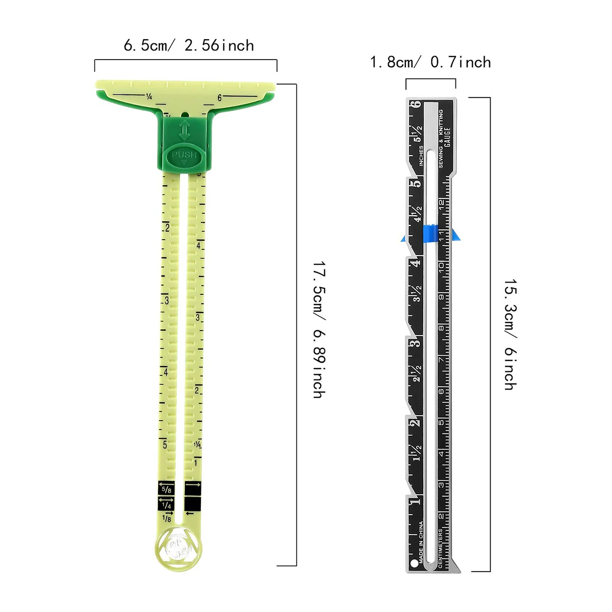 Herramienta de medición de calibre de costura, 2 piezas, 5 en 1, regla deslizante de costura, herramienta para acolchar tela, suministros para tejer y hacer manualidades