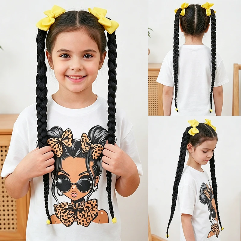 2 - Pack Girls' Synthetic Wig Set, Yellow Bow Double Braided