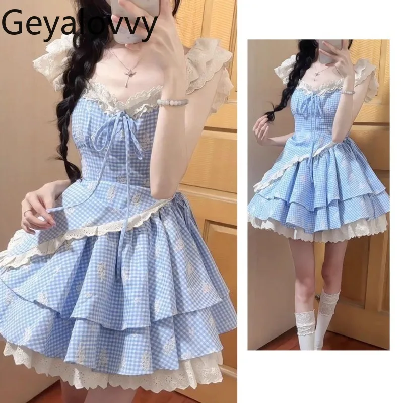 

Blue Plaid Lace Floral Suspender Short Dress Summer Sweet Beautiful Girl Princess High Waist Slimming Cake Tutu Dresses