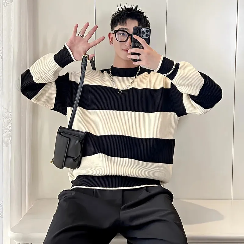 Men's Round Neck Long Sleeve Pullover Contrasting Color Threaded Sweater Knitted Casual Fashion Top