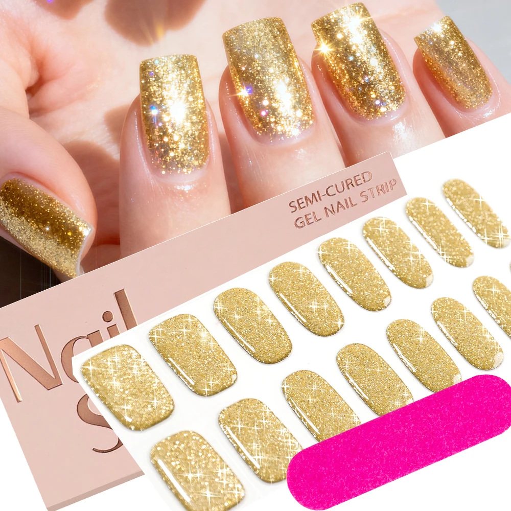 16Tips/Box Gold Glitter Gel Nail Stickers+1pc Nail File Semi-Cured Full Cover Gel Nail Strips UV/LED Adhesive Nails Polish Wraps