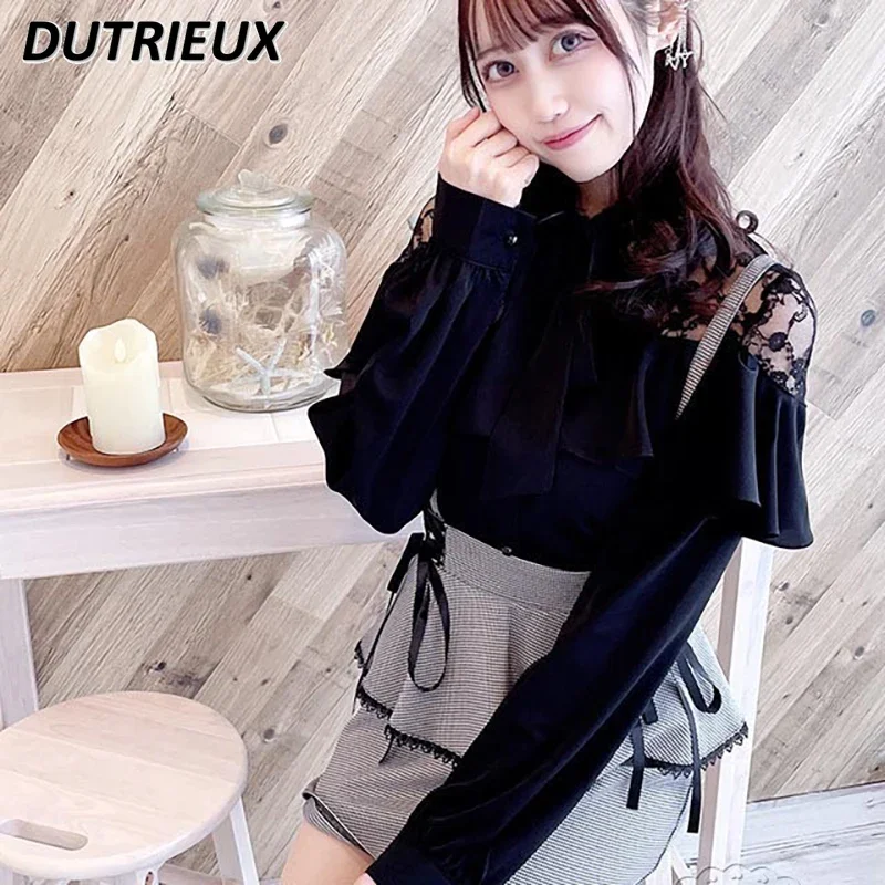 

Japanese Mine Mass-Produced Bow Sail Collar Tops Autumn and Winter New Sweet Style White Women's Lace Blossom Ruffled Shirt