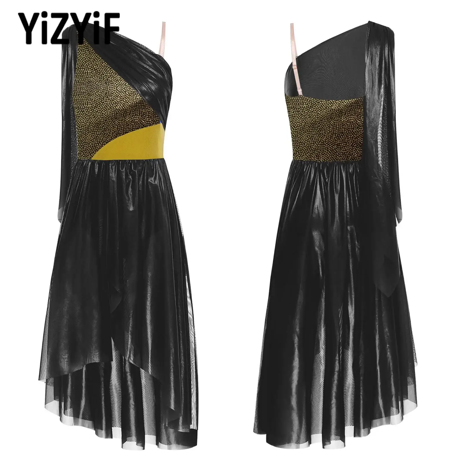 

Womens Ice Skating Dress Lyrical Dance Ballet Contemporary Stage Costume Sleeveless Asymmetrical Split Tulle Dress Dancewear