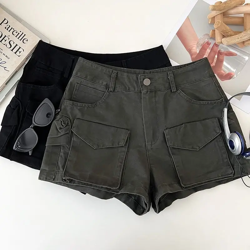 Summer new American style personalized spicy girl shorts women's versatile high waisted slim fit solid color cargo pants