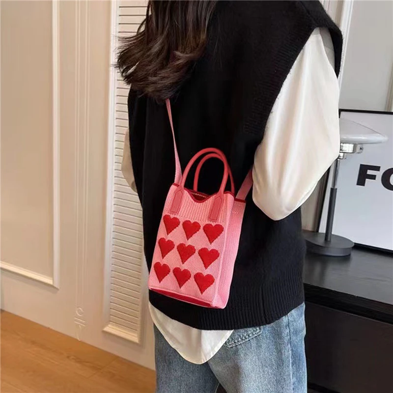 Fashion Heart Knit Handbag Crossbody Bag For Women's Mobile Phone Shoulder Bag Handmade Tote Bag Korean Color Blocking Handbag