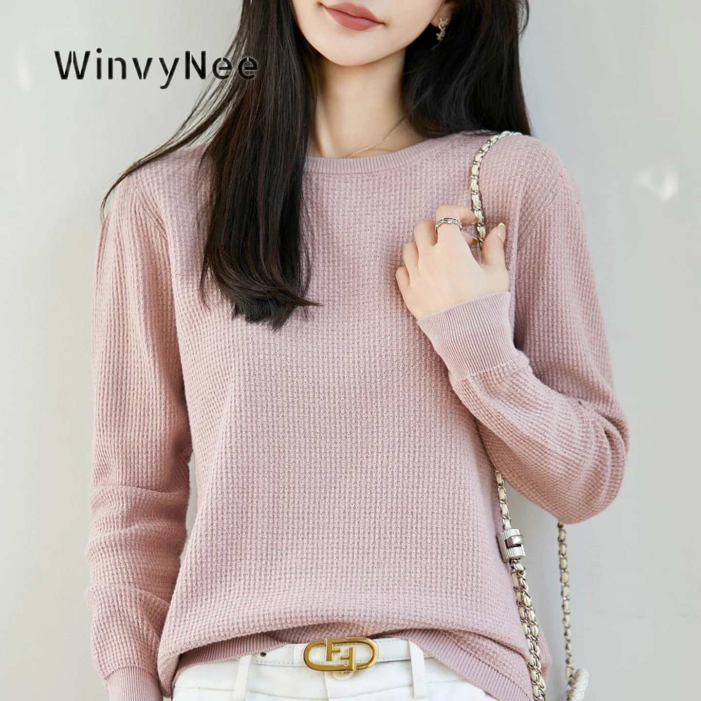 WinvyNee Women Waffle Knit Pullover 100% Cotton Crew Neck Long Sleeve Textured Breathable Versatile Daily Casual Looks ZA1092017