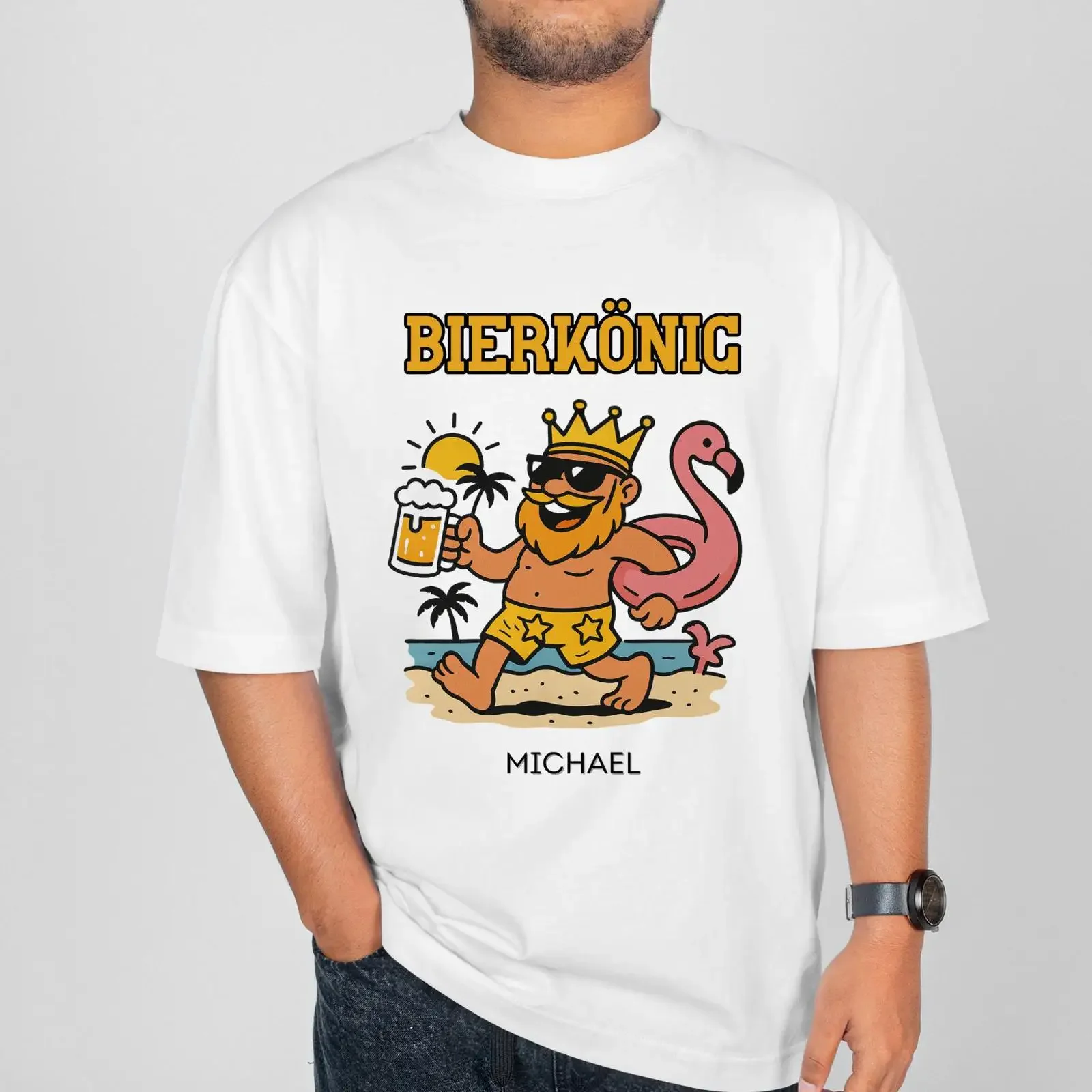 Bierkönig Michael Funny Beer King Cartoon Flamingo Float Summer Beach T Shirt vintage Washed Unisex Stretched Comfortable