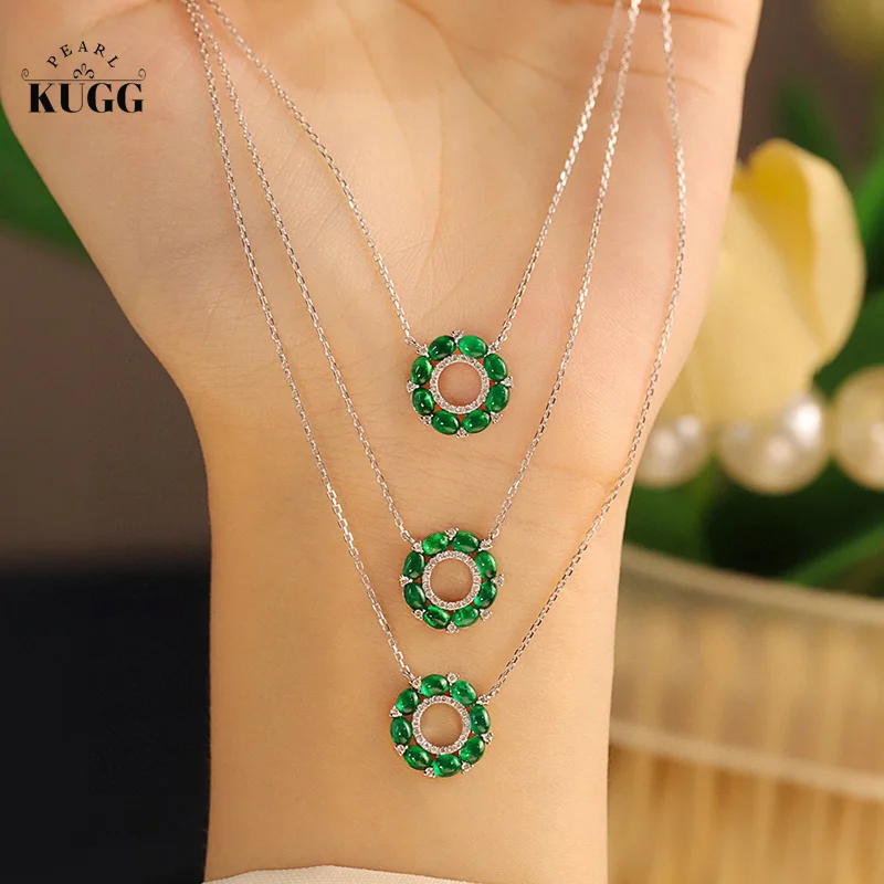 

KUGG 18K White Gold Necklace Sweet Donut Shape Natural Emerald Real Diamond Gemstone Pendant Necklace for Women Engagement Party