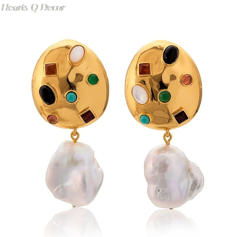 Brass Baroque Pearl Geo Statement Earrings Punk Party Gown Brincos Runway rare Boucle d'oreille Korean Japan Style Fashion