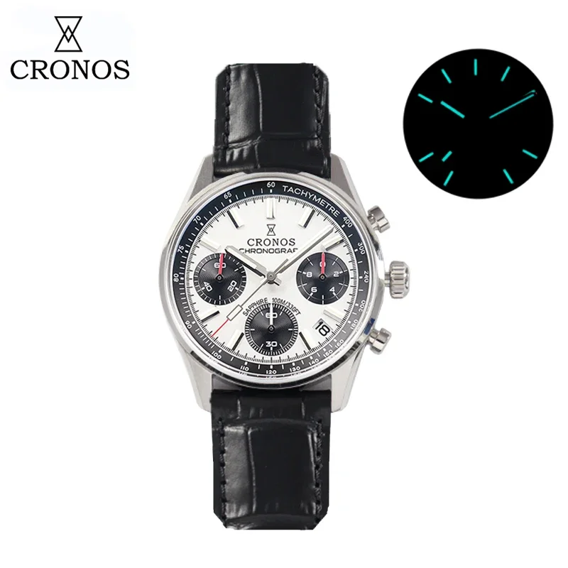 Cronos nuevo cronógrafo relojes de cuarzo para hombres Miyota 6S20 38,5mm negro y blanco Panda Dial zafiro resistente al agua 10Bar BGW-9 L6035