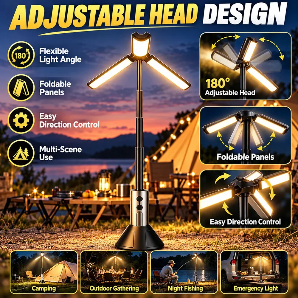 All-in-One Telescopic Outdoor Camping Lamp USB Rechargeable 3 Lighting Modes Adjustable Multi-Directional Head Wide Illumination