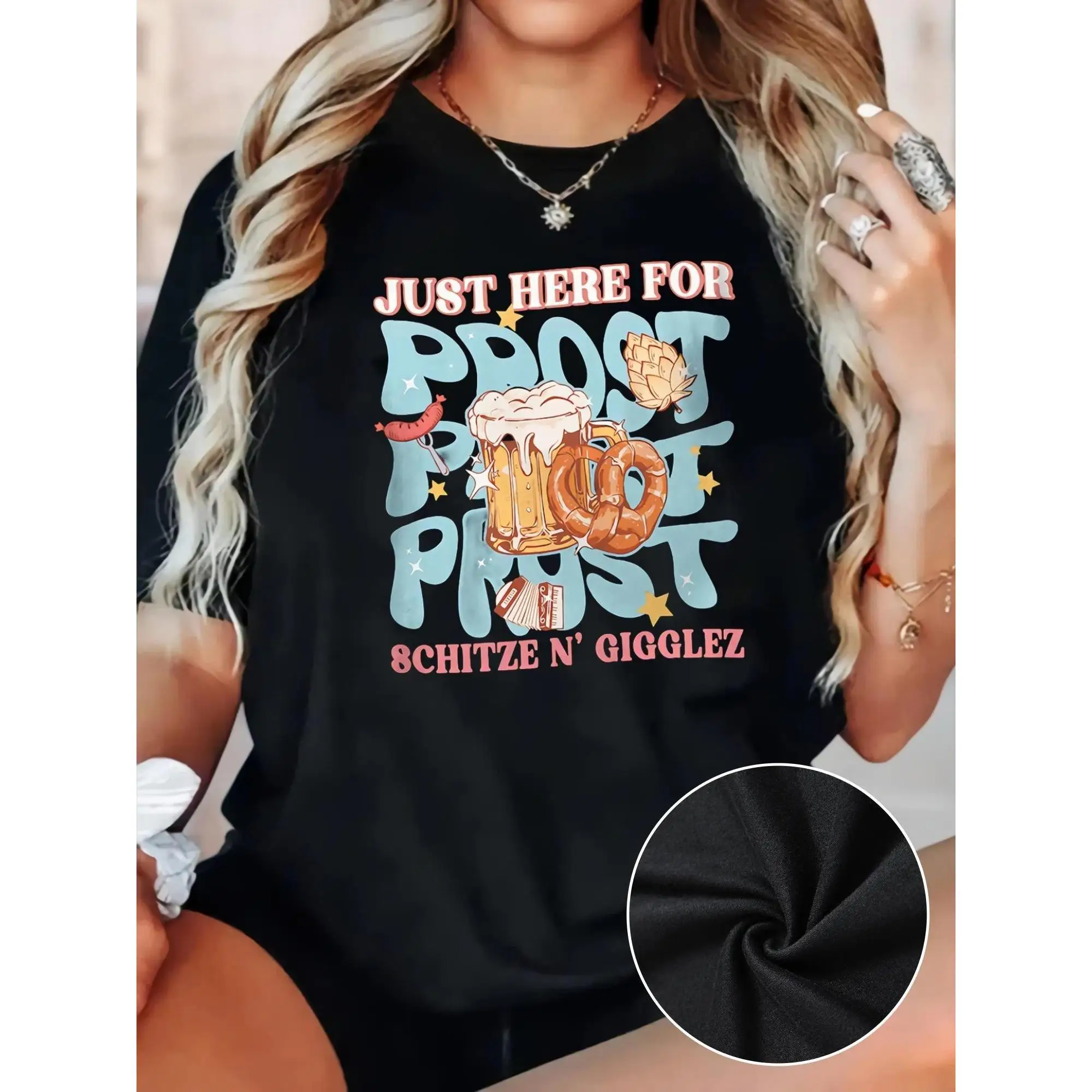

Oktoberfest Prost & Pretzels T-Shirt,Women's Funny Beer Graphic Top,Schitze N Gigglez,Casual Short Sleeve Tee for Festival Party