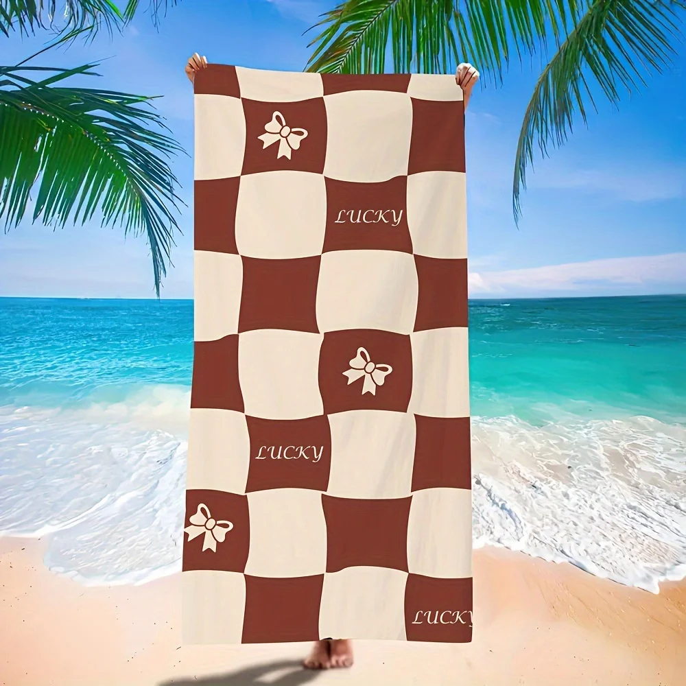 1 toalla de playa a cuadros marrón y beige: tela de poliéster, lavable a máquina, adecuada para decoración de piscina y playa.