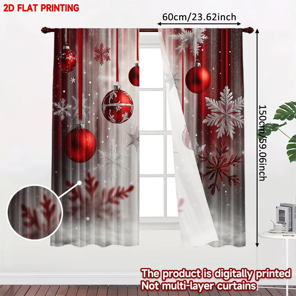 2D flat printing 2pcs Christmas Party Curtains Christmas Red Ornaments Snowflakes Durable polyester fiber Family Party