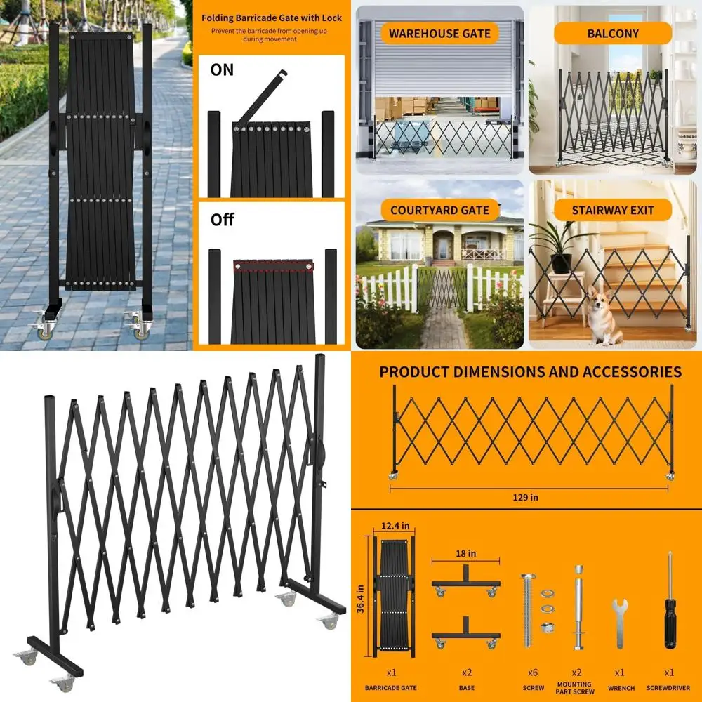 

Expandable Metal Dog Gate with Wheels, 129 Retractable Fence for Indoor/Outdoor, Folding Security Barrier, Black