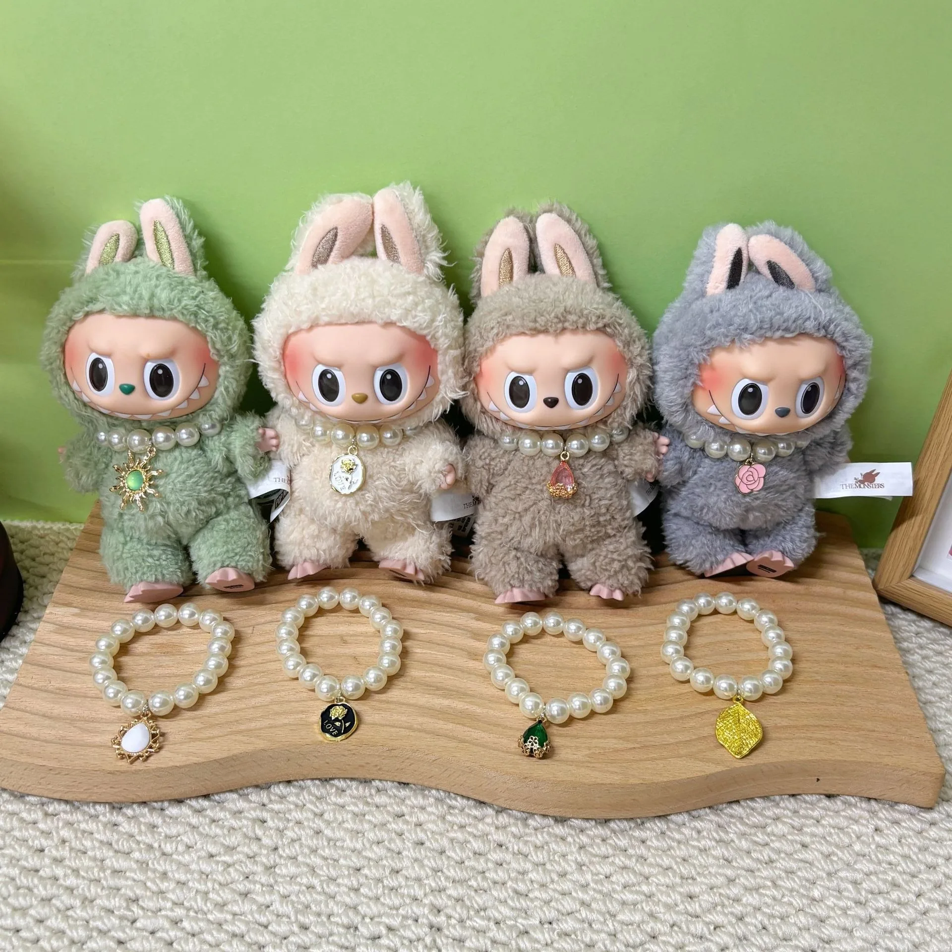 17cm Labubu Macaron Sitting Party Ornament DIY Cute Cartoon Plush Pendant Pearl Necklace Chain Alloy Accessory Labubu Outfit