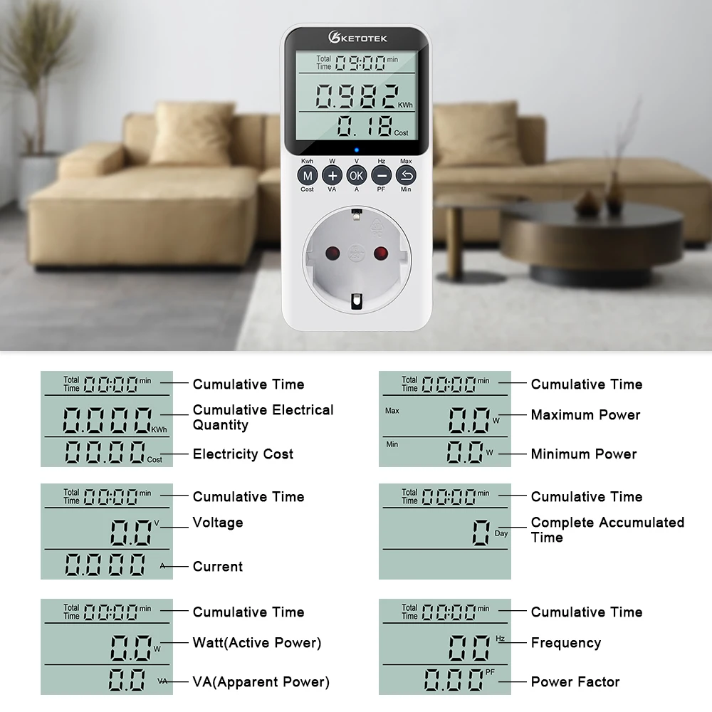 Medidor de energia ac digital wattímetro tomada consumo watt medidor de energia kwh plugue da ue 220v monitor analisador elétrico