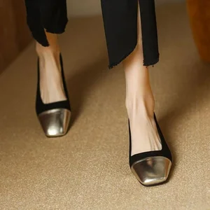 2026 All-Season New Women's French Square Toe Shallow-Cut Low Heel Shoes - Gold Metal Toe, Versatile Commuter Elegant Flats