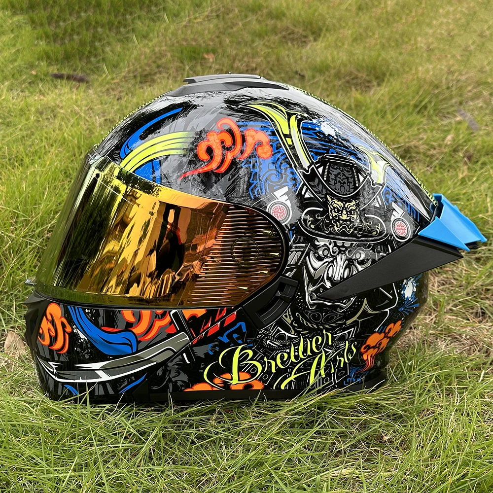 Glossy Motorcycle Helmet with Blue Lettering and Geometric Print in Mecha Style, Dual-Layer Visor Flip-Up Helmet for Men, Chinese Style Full-Face Motorcycle Helmet, Personalized Large Helmet for Men, Suitable for All Seasons, Removable Inner Liner