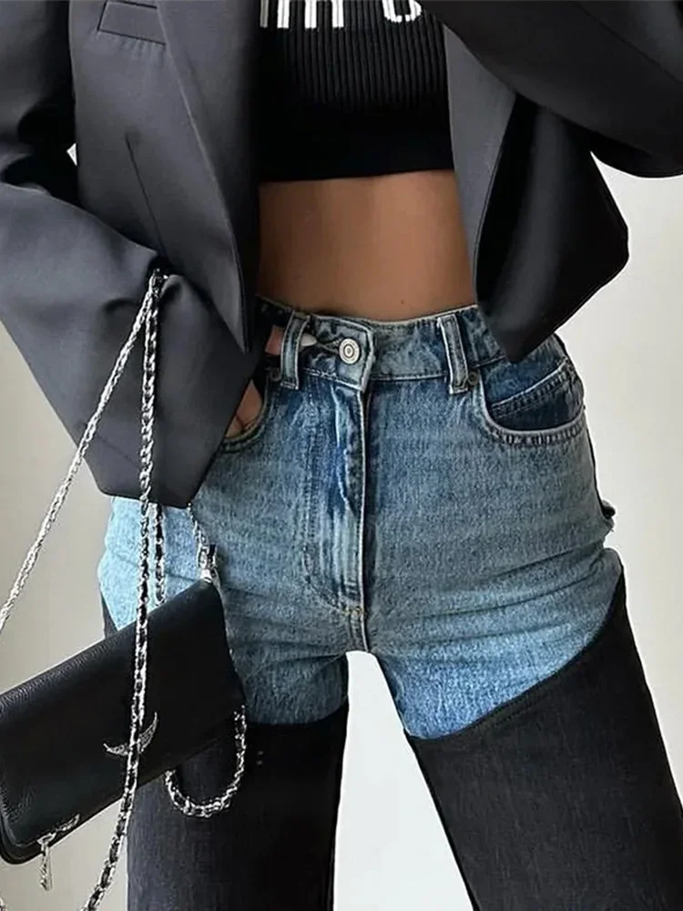 Y2K جينز مرقع للنساء مستقيم عالي الخصر وسحاب جيوب طويلة الدينيم السراويل 2025 ربيع سيدة موضة شارع العليا بنطلون #3