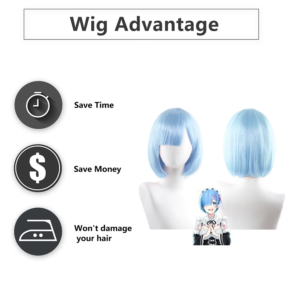 أنيمي رام ريم تأثيري الشعر الاصطناعية 12 بوصة شعر مستقيم قصير مع الانفجارات مرحلة الأداء شعر مستعار يومي مقاومة للحرارة الطبيعية