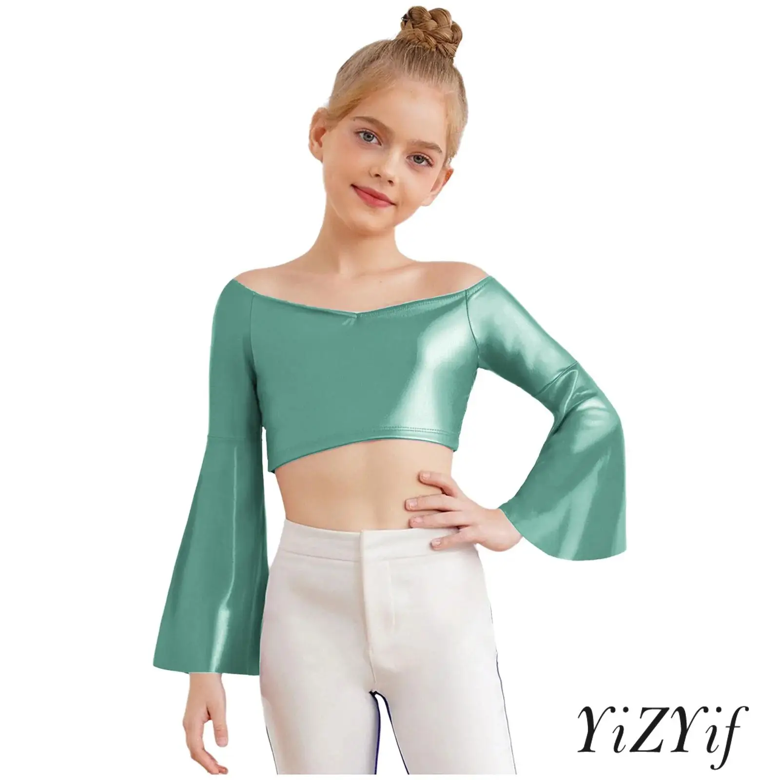 

Girls Jazz Hip-hop Dance Top Long Flared Sleeve Off-Shoulder Metallic Crop Top for Party Banquet Stage Dance Performance Costume