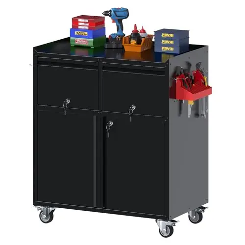 Rolling Metal Garage Cabinet with 2 Drawers, Lock and Pegboard