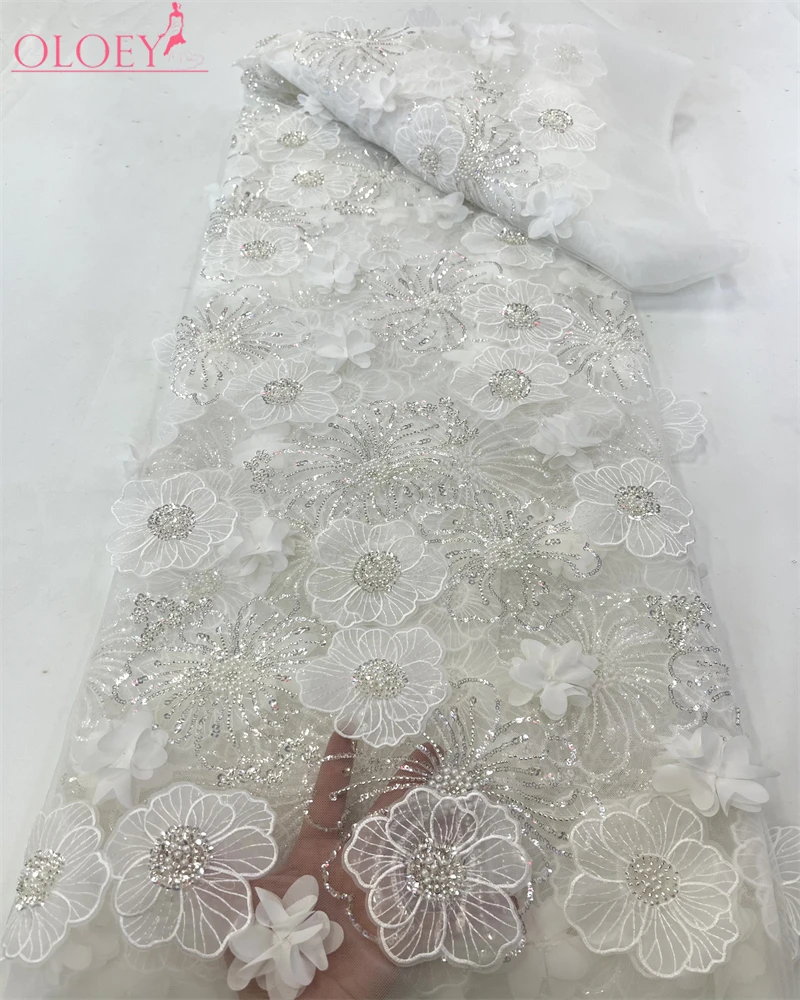 Latest High Quality Elegant Embroidery 3D Flower Lace Fabric African Nigeria Beaded Fabric  Wedding Dress