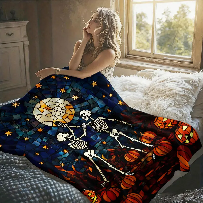 Stained Glass Skeleton Flannel Blanket Warm Soft Halloween Christmas Decorative Couch Warm Cozy All-Season Gift