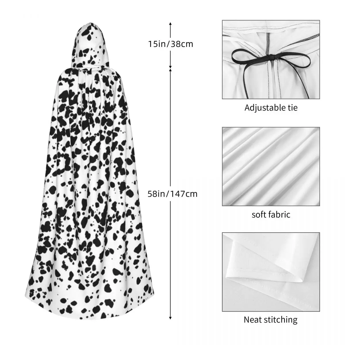 Capa longa com capuz com textura de cachorro dálmata, fantasia medieval de bruxa, capa cosplay, casaco de halloween adulto unissex