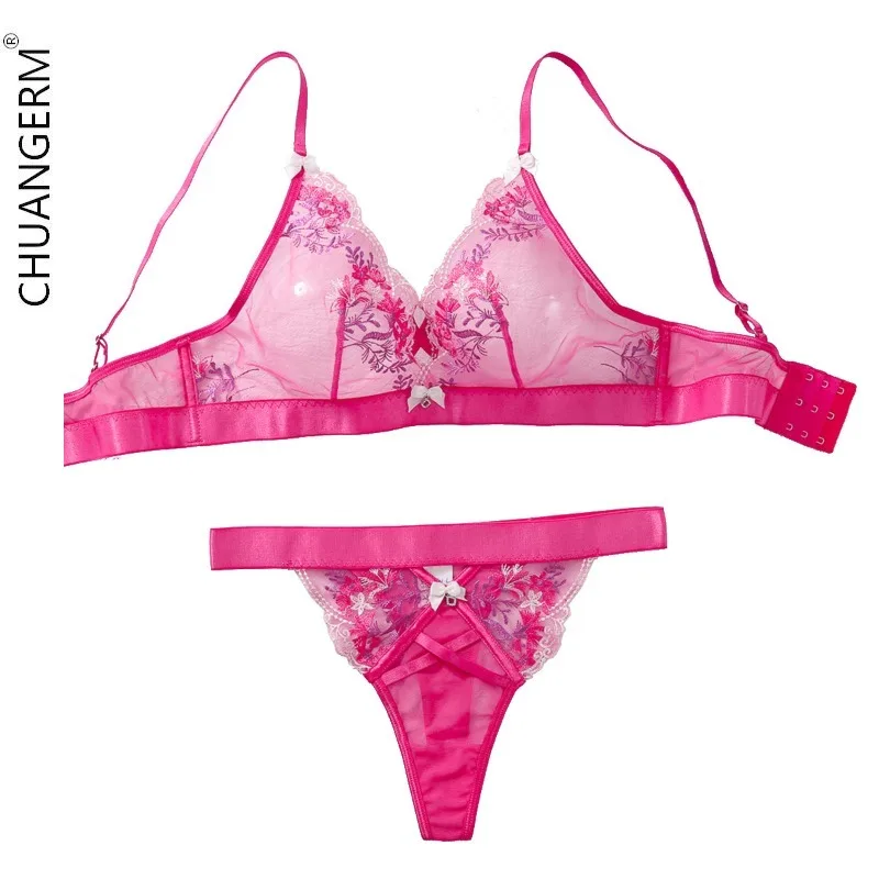

CHUANGERM Sexy Mesh Secret Lace Bra Minced Flower Women's Clothing Set Female Underwear Embroidery Bow Suit Hot Lingerie Panties