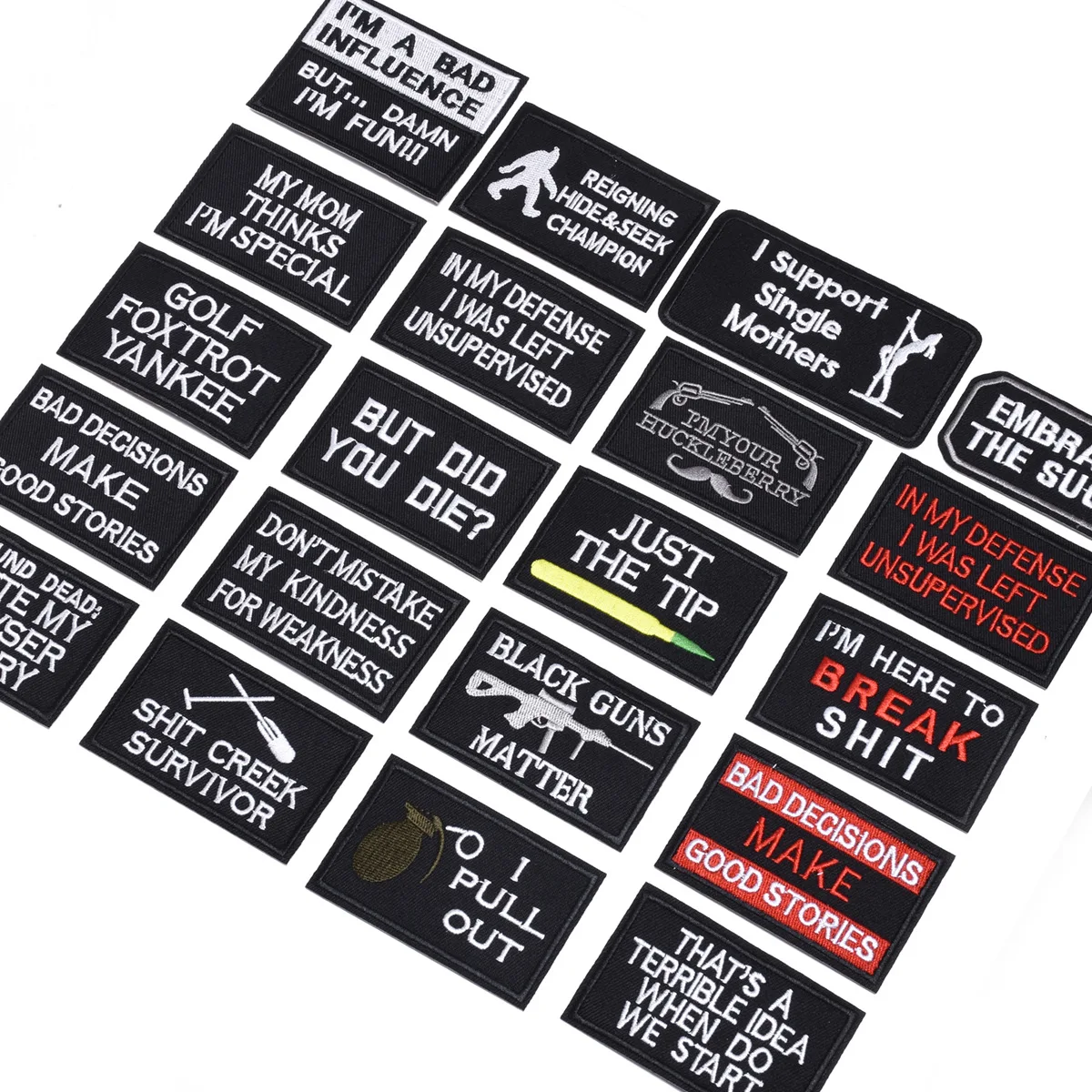 20Pcs Tactical Morale Slogans Badge Labels Ironing Embroidered Patches Stickers for Sew Hat Backpack Clothes Coat Accessories