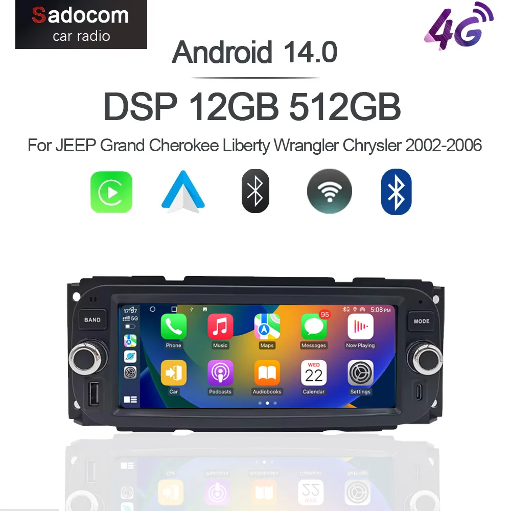 Carplay Android 14 8G+128G Car Player Multimedia Car Radio GPS WIFI For JEEP Grand Cherokee Liberty Wrangler Chrysler 2002-2006